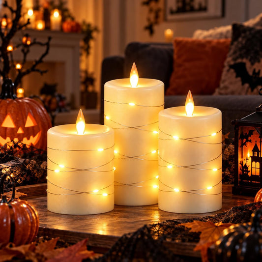 3 Pack Ivory Real Wax Flameless Taper Candles, Lifelike Flickering LED Flame Candles with Surrounding Copper String Lights, Soft Warm Battery Candles with Remote for Home Wedding Holiday Decor