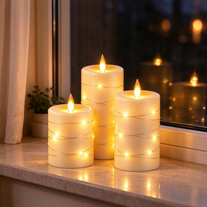 3 Pack Ivory Real Wax Flameless Taper Candles, Lifelike Flickering LED Flame Candles with Surrounding Copper String Lights, Soft Warm Battery Candles with Remote for Home Wedding Holiday Decor